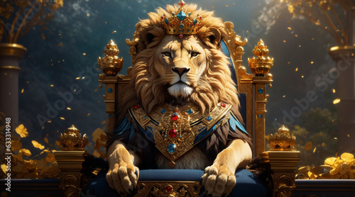 A lion with an extravagant golden crown adorned with gemstones, sitting atop a regal throne in a mythical fantasy landscape .Generative Ai