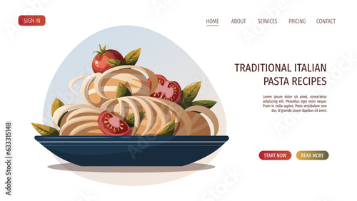 Plate of Italian pasta with tomatos. Italian cuisine, healthy food, cooking, restaurant menu, eating, recipes concept. Vector illustration for, poster, menu, website, banner.