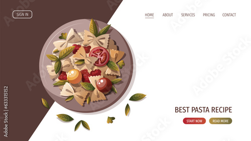 Plate of Italian pasta with tomatos. Italian cuisine, healthy food, cooking, restaurant menu, eating, recipes concept. Vector illustration for website, menu, banner.