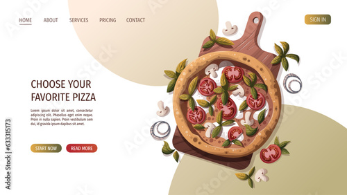 Pizza Margherita with tomatos and mozzarella on the wooden board. Italian cuisine, healthy food, cooking, restaurant menu, eating, recipes concept. Vector illustration for website, menu, banner.