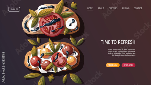 Website template with Italian bruschetta. Toasted bread with tomatoes, cheese, basil, balsamic vinegar. Italian food, healthy eating, cooking, recipes, restaurant menu concept. Vector illustration.