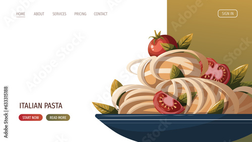 Plate of Italian pasta with tomatos. Italian cuisine, healthy food, cooking, restaurant menu, eating, recipes concept. Vector illustration for, poster, menu, website, banner.