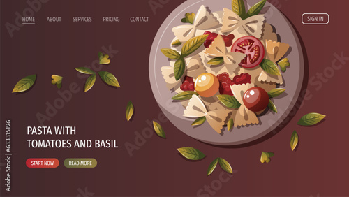 Plate of Italian pasta with tomatos. Italian cuisine, healthy food, cooking, restaurant menu, eating, recipes concept. Vector illustration for website, menu, banner.