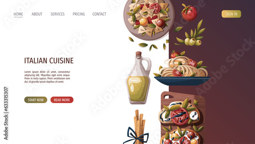 Web page with Italian pizza, pasta, bruschetta, lasagna, olive oil. Italian food, healthy eating, cooking, recipes, restaurant menu concept. Vector illustration for banner, website, poster.