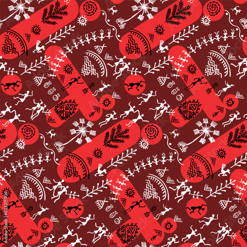 Warli painting seamless pattern - hand drawn traditional the ancient tribal art India. Pictorial language is matched by a rudimentary technique depicting rural life of the inhabitants of India