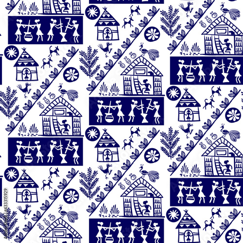 Warli painting seamless pattern - hand drawn traditional the ancient tribal art India. Pictorial language is matched by a rudimentary technique depicting rural life of the inhabitants of India photo