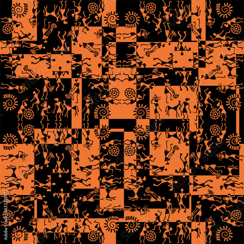Warli painting seamless pattern - hand drawn traditional the ancient tribal art India. Pictorial language is matched by a rudimentary technique depicting rural life of the inhabitants of India