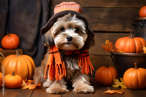 sweet dog with scarf posing for halloween and thanksgiving with pumpkin background ai generated art