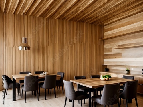 Dining room with a modern wooden interior design.
