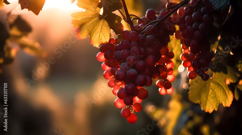 A branch of red grapes against a bright sun. Generative AI technology.