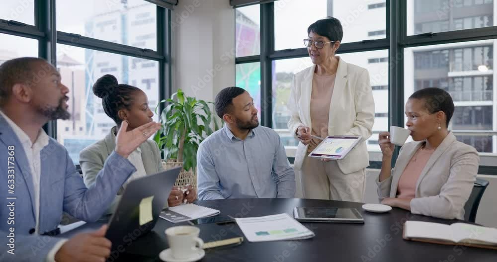 Presentation, tablet and business people in meeting to talk about planning, marketing strategy or discussion of report, review or idea. Diversity, group and conversation of data with management team