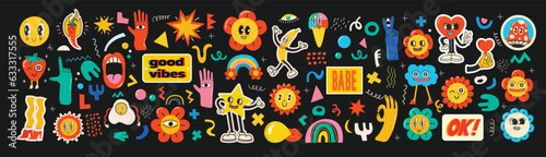 Groovy hippie stickers set. Comic happy retro girls, geometric stickers, characters in trendy retro 60s 70s cartoon style. Vintage vector illustrations.