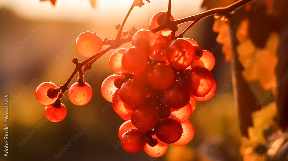 A branch of red grapes against a bright sun. Generative AI technology. A branch of red grapes against a bright sun. Generative AI technology.