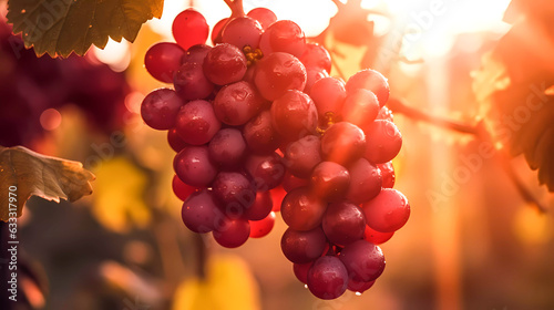 A branch of red grapes against a bright sun. Generative AI technology.