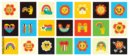 Pride LGBTQ icon set of related symbols set in rainbow colors: Pride Flag, Heart, Peace, Rainbow, Love, Support, Freedom Symbols. Gay Pride Month. Flat design signs isolated on white background