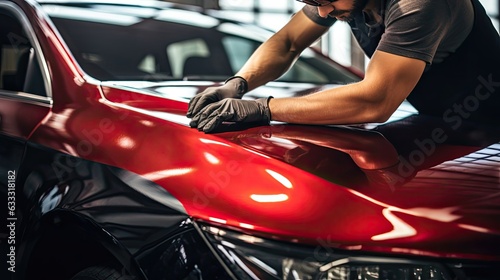 Auto body repair specialist is hard at work, using their knowledge and tools to fix a dent on the car's fender, ensuring a flawless restoration. Generated by AI.