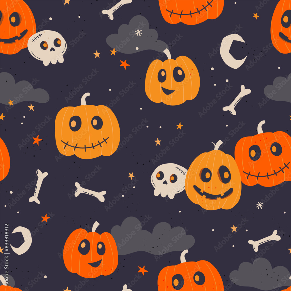 Fun hand drawn Halloween seamless pattern with pumpkins and decoration - great for textiles, banners, wallpapers, wrapping - vector design