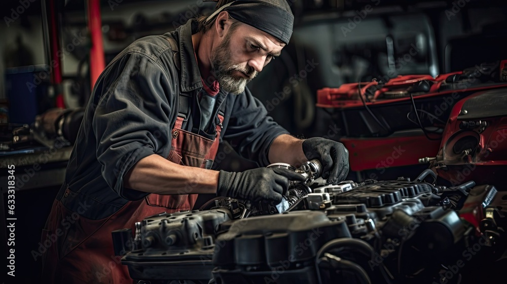 custom made wallpaper toronto digitalAuto technician works to check and replace the car's spark plugs, fine-tuning ignition timing and enhancing the vehicle's power delivery and responsiveness. Generated by AI.