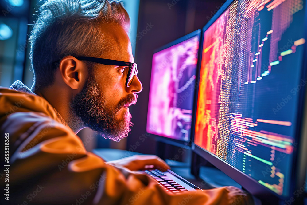 A male programmer works at a computer. A male programmer works at a computer.