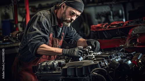 Auto technician works to check and replace the car's spark plugs, fine-tuning ignition timing and enhancing the vehicle's power delivery and responsiveness. Generated by AI. © Кирилл Макаров