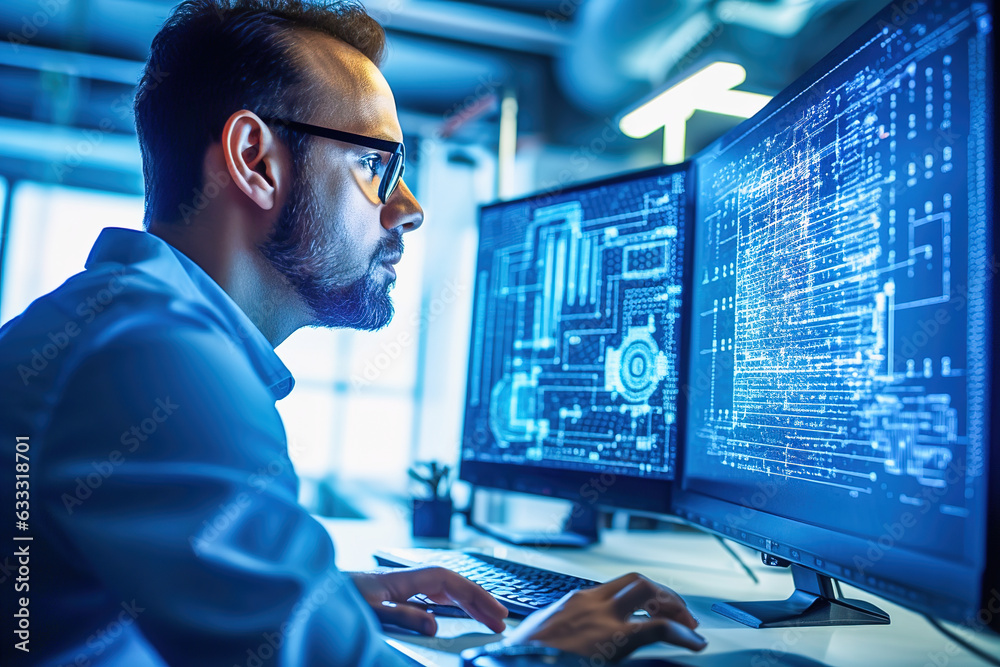 A male programmer works at a computer. A male programmer works at a computer.