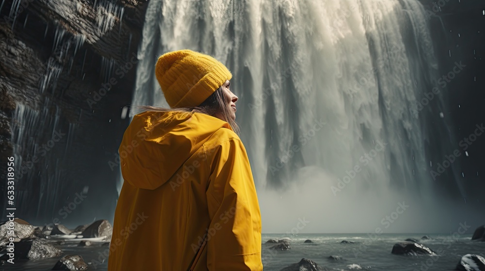 side view of a woman in a yellow winter jacket with impressive waterfalls in the background, side view of a woman in a yellow winter jacket with impressive waterfalls in the background,