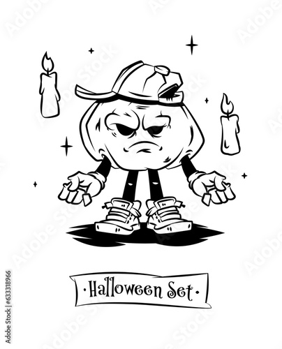 Set of tattoo vector halloween characters with cute pumpkin. Beautiful illustrations with characters for t-shirts. Pumpkin in sneakers or sneakers with candles.