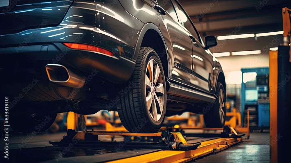 Technicians meticulously aligning a car's wheels to ensure precise wheel alignment, a crucial maintenance step that enhances steering. Generated by AI.