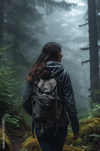 Rear view of a hiker walking through the forest and enjoying nature.