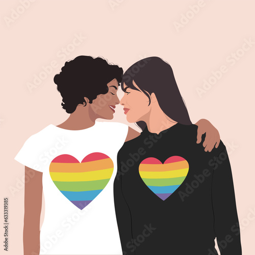 An embracing LGBT couple. A couple of girls in love smiling at each other. The concept of a homosexual, a gay community, a tolerant LGBTQ society.