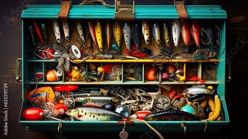 Close-up of a tackle box adorned with an array of lures, each designed to entice and captivate different fish species. The assortment showcases the angler's strategic. Generated by AI.