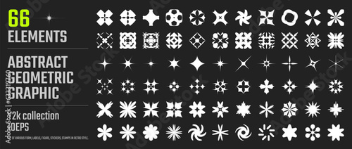 Vector retrofuturistic y2k abstract geometry graphic design elements collection, Big set of various form, labels, shapes, stickers, Modern bold brutalistic objects and shapes