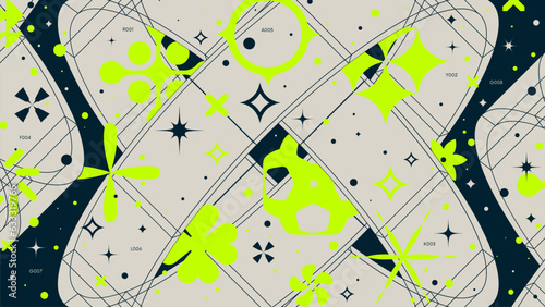 Abstract geometric background with 3d rings geometry wireframe shapes modern design, cyberpunk vector color Full HD composition in Y2k trendy style futuristic aesthetic artwork