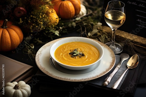 Pumpkin and carrot soup with creamy cream Thanksgiving fall food dish, on dark old wood background. autumn vegetables.