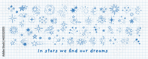 Collection of doodle stars and constellations on lined paper background. Vector sketch illustration