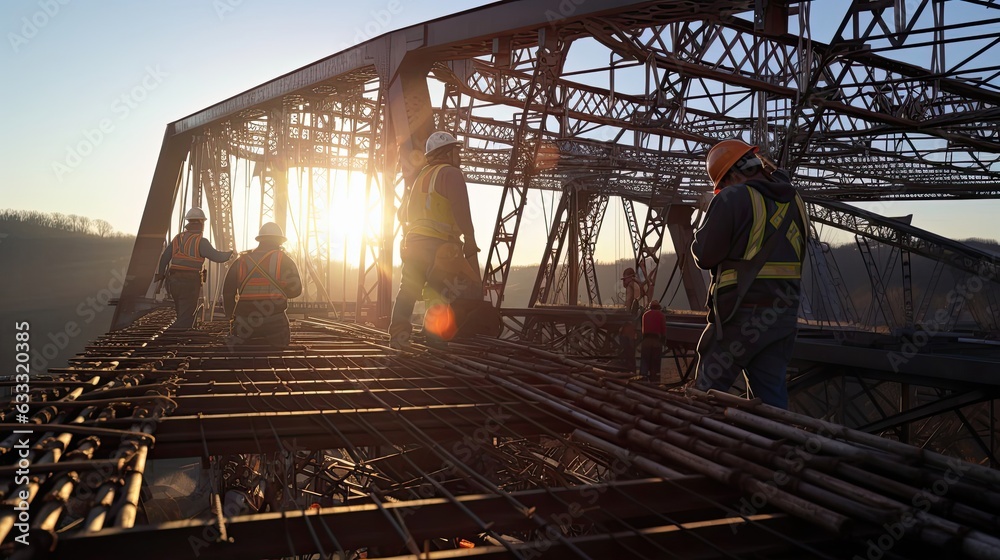 Construction crew meticulously assembling and rigorously testing a new steel bridge, their synchronized efforts culminating. Generated by AI.