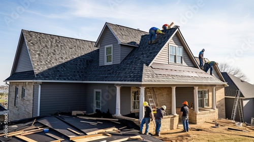 Construction crew as they skillfully affix roofing shingles to a newly erected house. The deliberate placement and precise technique ensure that the roof. Generated by AI.