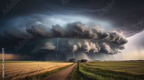 Dramatic and breathtaking thunderstorm rolling through the atmosphere, its tumultuous energy and vivid lightning flashes. Generated by AI. photo