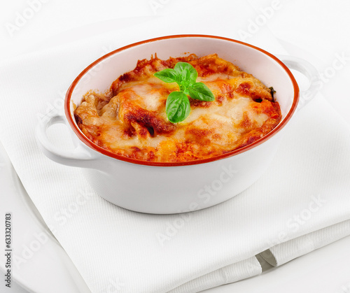 Lasagna in baking dish italian cuisine melted cheese