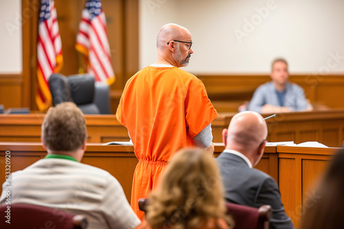 A convict in an orange suit speaks in the courtroom.