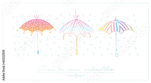 Design template with rainbow colored  doodle vintage umbrellas and place for your text. Vector sketch illustration.