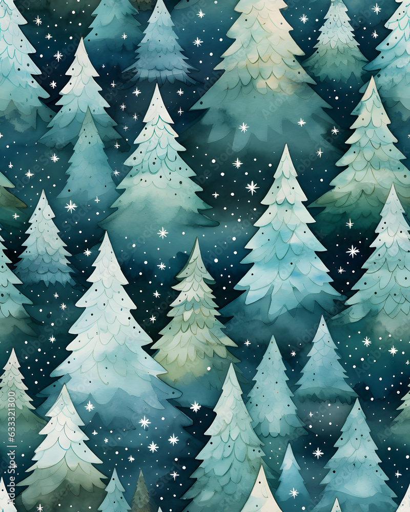 Obraz premium Seamless watercolor pattern with snowy Christmas trees