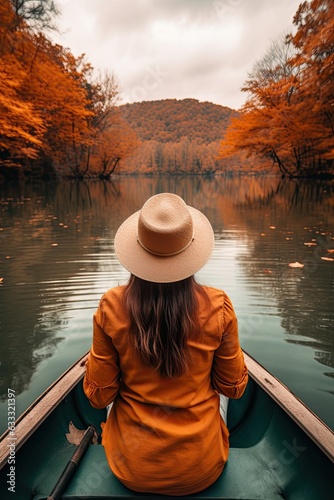 rear view of a woman sitting in the boat enjoying a walk on the lake in autumn. © Eva Corbella