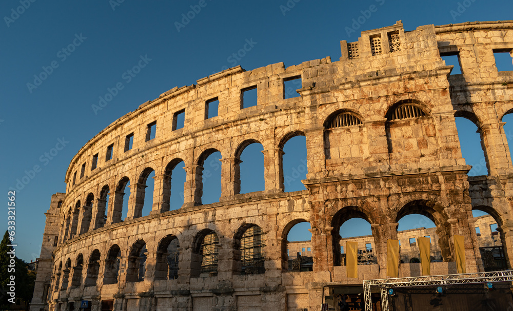 Pula Arena is a Roman amphitheatre located in Pula, Croatia. This photo is taken in July, 2023.