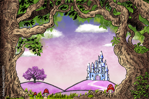 frame formed by cartoon trees for copy space with fantasy crystal castle in landscape