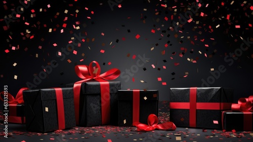 wrapped gift boxes with black and red confetti © For