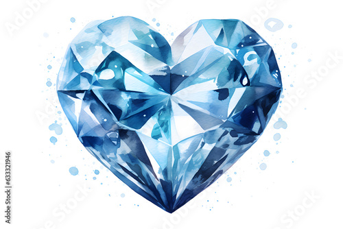 Heart shaped diamond watercolor illustration isolated on white background