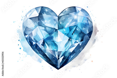 Heart shaped diamond watercolor illustration isolated on white background