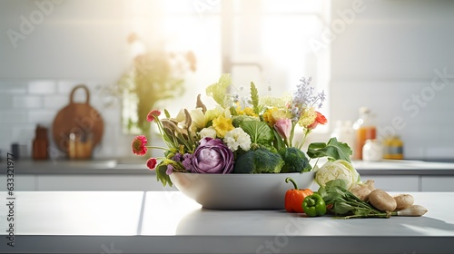 Fresh vegetables on the table in the background of a modern kitchen