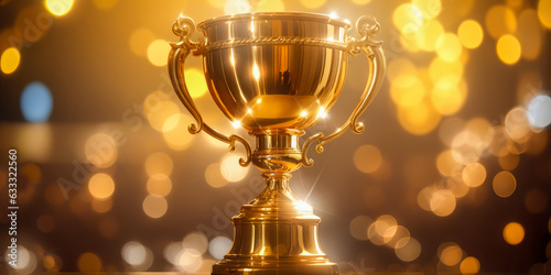 Winner trophy with abstract bokeh light background. Gold Trophy competition on abstract blurred light background with copy space, Spectacular success Concept. Generative AI